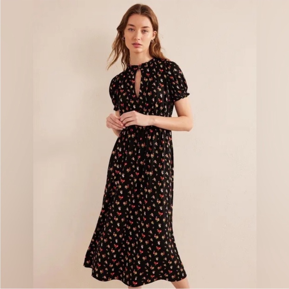 Boden Ruched Jersey Midi Tea Dress Black Dainty Sprig Floral NWT Size 10